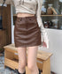 PUレザーミニスカートハイウエスト韓国風 セクシーショート丈スカート フロントポケット 秋冬膝上丈タイトスカート 美脚脚長スリムスカート お洒落合皮スカート細見え 80KALIN-001