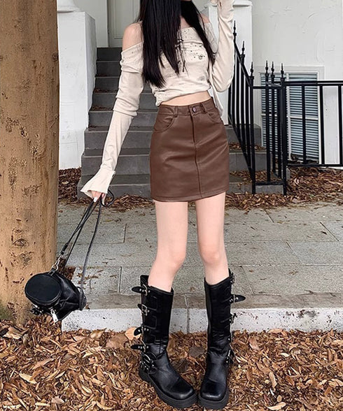 PUレザーミニスカートハイウエスト韓国風 セクシーショート丈スカート フロントポケット 秋冬膝上丈タイトスカート 美脚脚長スリムスカート お洒落合皮スカート細見え 80KALIN-001