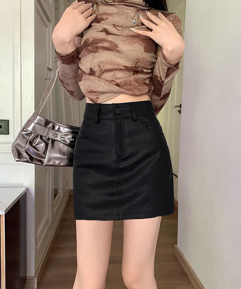 PUレザーミニスカートハイウエスト韓国風 セクシーショート丈スカート フロントポケット 秋冬膝上丈タイトスカート 美脚脚長スリムスカート お洒落合皮スカート細見え 80KALIN-001