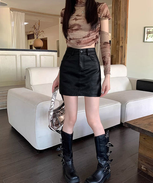 PUレザーミニスカートハイウエスト韓国風 セクシーショート丈スカート フロントポケット 秋冬膝上丈タイトスカート 美脚脚長スリムスカート お洒落合皮スカート細見え 80KALIN-001