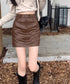 PUレザーミニスカートハイウエスト韓国風 セクシーショート丈スカート フロントポケット 秋冬膝上丈タイトスカート 美脚脚長スリムスカート お洒落合皮スカート細見え 80KALIN-001