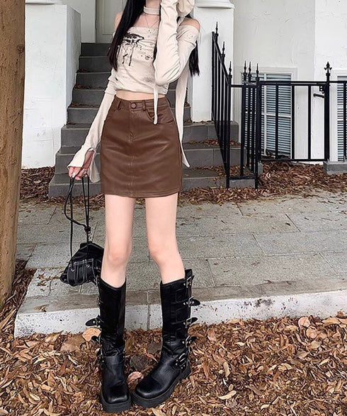 PUレザーミニスカートハイウエスト韓国風 セクシーショート丈スカート フロントポケット 秋冬膝上丈タイトスカート 美脚脚長スリムスカート お洒落合皮スカート細見え 80KALIN-001