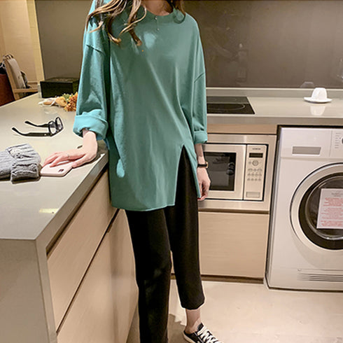 九分袖 ロンt カットソー 九分袖 ロンt カットソー ロングtシャツ カジュアル トップス 無地 ゆったり 韓国風 80KELAIL-002
