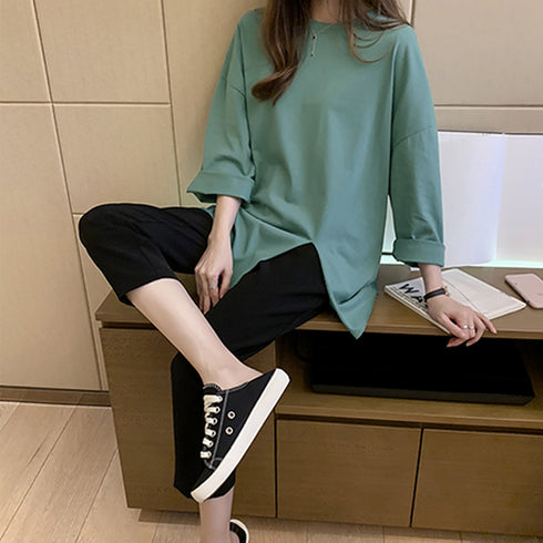 九分袖 ロンt カットソー 九分袖 ロンt カットソー ロングtシャツ カジュアル トップス 無地 ゆったり 韓国風 80KELAIL-002