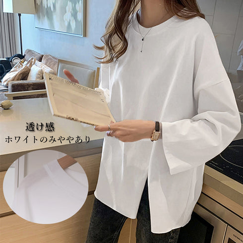 九分袖 ロンt カットソー 九分袖 ロンt カットソー ロングtシャツ カジュアル トップス 無地 ゆったり 韓国風 80KELAIL-002