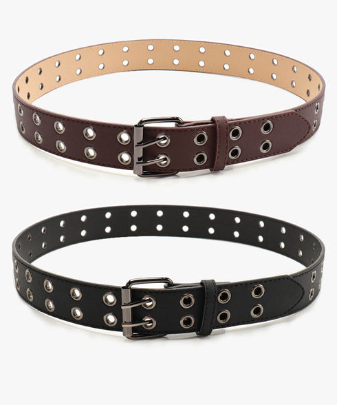 ダブルピンベルト PUレザーハトメベルト 幅広いダブルアイレットベルト ユニセックス太ベルト Y2Kファッション トレンド小物 ウエストマーク ワイドベルト韓国風 80KUPEI-001