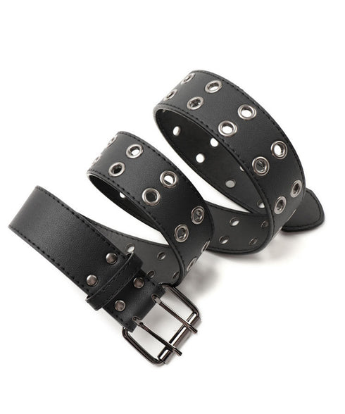 ダブルピンベルト PUレザーハトメベルト 幅広いダブルアイレットベルト ユニセックス太ベルト Y2Kファッション トレンド小物 ウエストマーク ワイドベルト韓国風 80KUPEI-001