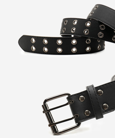 ダブルピンベルト PUレザーハトメベルト 幅広いダブルアイレットベルト ユニセックス太ベルト Y2Kファッション トレンド小物 ウエストマーク ワイドベルト韓国風 80KUPEI-001