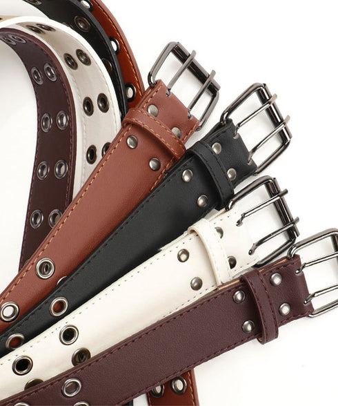 ダブルピンベルト PUレザーハトメベルト 幅広いダブルアイレットベルト ユニセックス太ベルト Y2Kファッション トレンド小物 ウエストマーク ワイドベルト韓国風 80KUPEI-001