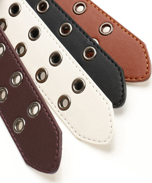 ダブルピンベルト PUレザーハトメベルト 幅広いダブルアイレットベルト ユニセックス太ベルト Y2Kファッション トレンド小物 ウエストマーク ワイドベルト韓国風 80KUPEI-001