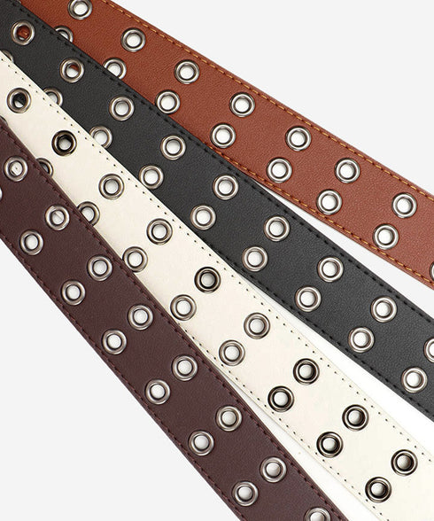 ダブルピンベルト PUレザーハトメベルト 幅広いダブルアイレットベルト ユニセックス太ベルト Y2Kファッション トレンド小物 ウエストマーク ワイドベルト韓国風 80KUPEI-001