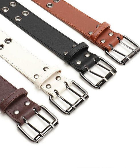 ダブルピンベルト PUレザーハトメベルト 幅広いダブルアイレットベルト ユニセックス太ベルト Y2Kファッション トレンド小物 ウエストマーク ワイドベルト韓国風 80KUPEI-001