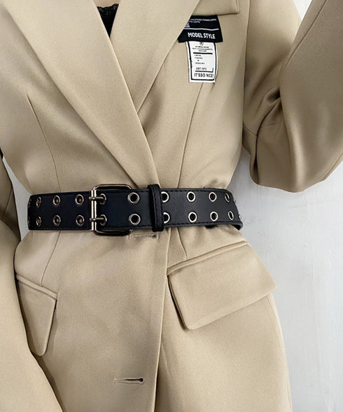 ダブルピンベルト PUレザーハトメベルト 幅広いダブルアイレットベルト ユニセックス太ベルト Y2Kファッション トレンド小物 ウエストマーク ワイドベルト韓国風 80KUPEI-001