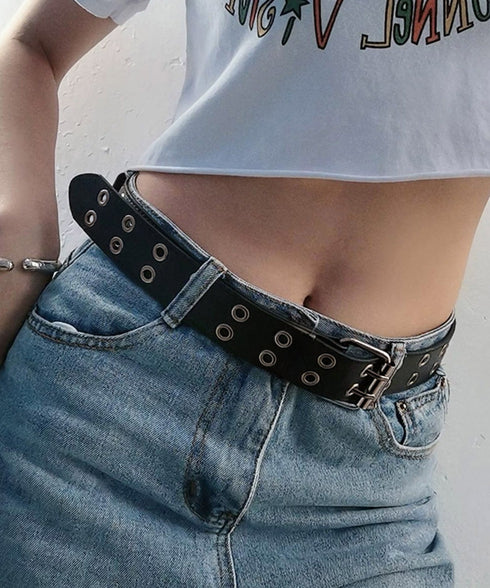 ダブルピンベルト PUレザーハトメベルト 幅広いダブルアイレットベルト ユニセックス太ベルト Y2Kファッション トレンド小物 ウエストマーク ワイドベルト韓国風 80KUPEI-001