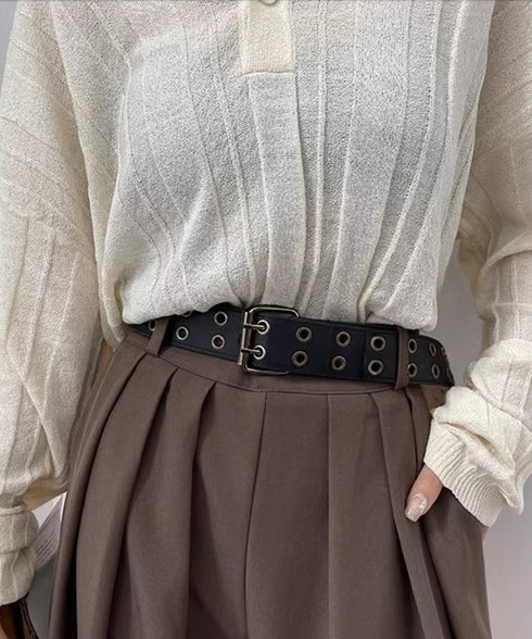 ダブルピンベルト PUレザーハトメベルト 幅広いダブルアイレットベルト ユニセックス太ベルト Y2Kファッション トレンド小物 ウエストマーク ワイドベルト韓国風 80KUPEI-001