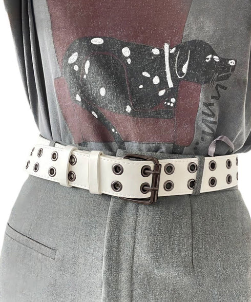 ダブルピンベルト PUレザーハトメベルト 幅広いダブルアイレットベルト ユニセックス太ベルト Y2Kファッション トレンド小物 ウエストマーク ワイドベルト韓国風 80KUPEI-001