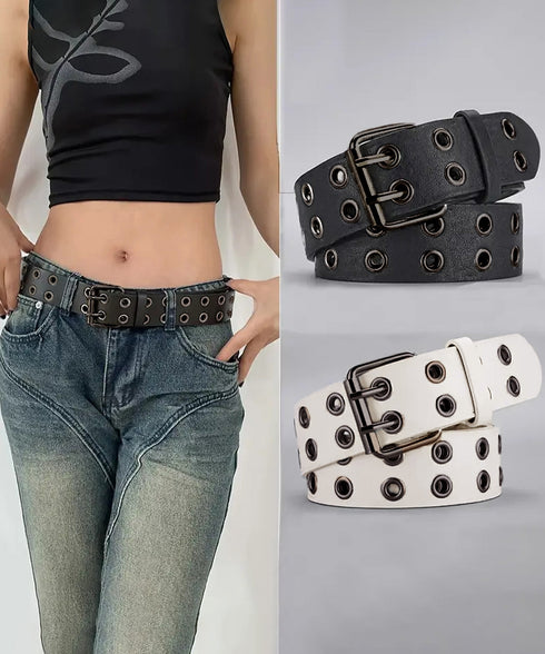 ダブルピンベルト PUレザーハトメベルト 幅広いダブルアイレットベルト ユニセックス太ベルト Y2Kファッション トレンド小物 ウエストマーク ワイドベルト韓国風 80KUPEI-001