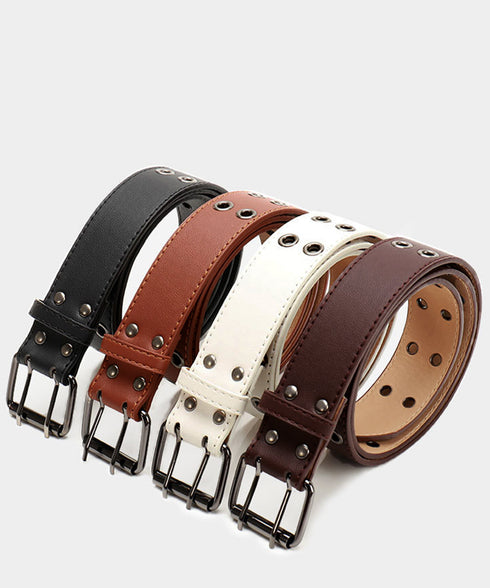 ダブルピンベルト PUレザーハトメベルト 幅広いダブルアイレットベルト ユニセックス太ベルト Y2Kファッション トレンド小物 ウエストマーク ワイドベルト韓国風 80KUPEI-001