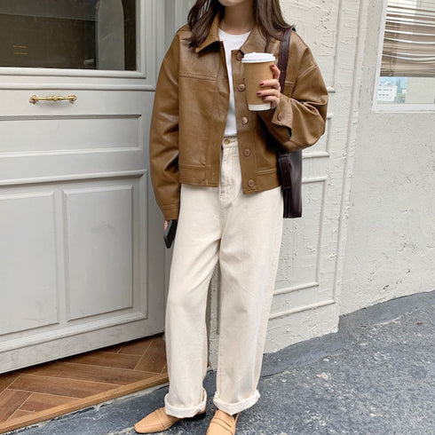 ライダースジャケット PUレザーブルゾン レディース オーバーサイズ フェイクレザージャケット ショート丈 長袖アウター 体型カバー かっこいいブルゾン 韓国秋冬 80LAIY-001