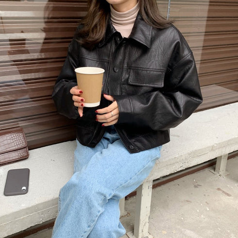 ライダースジャケット PUレザーブルゾン レディース オーバーサイズ フェイクレザージャケット ショート丈 長袖アウター 体型カバー かっこいいブルゾン 韓国秋冬 80LAIY-001