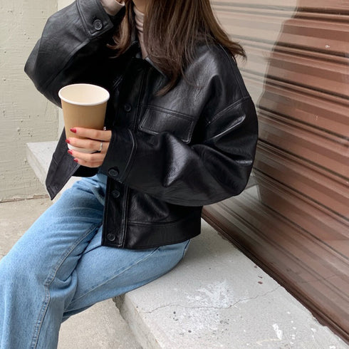 ライダースジャケット PUレザーブルゾン レディース オーバーサイズ フェイクレザージャケット ショート丈 長袖アウター 体型カバー かっこいいブルゾン 韓国秋冬 80LAIY-001
