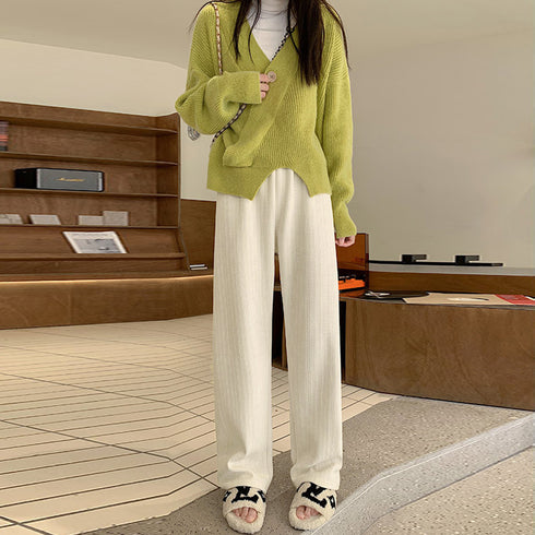 ワイドパンツ レディース韓国ニットパンツ コーデュロイ風パンツ ハイウエスト 脚長美脚パンツ ゆったりイージーパンツ カジュアル リラックスストレートパンツ 無地 80MANDI-001