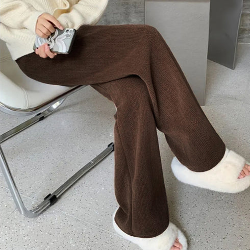 ワイドパンツ レディース韓国ニットパンツ コーデュロイ風パンツ ハイウエスト 脚長美脚パンツ ゆったりイージーパンツ カジュアル リラックスストレートパンツ 無地 80MANDI-001