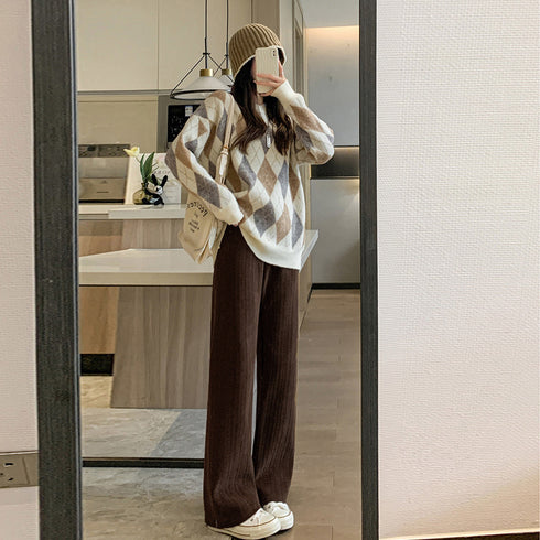 ワイドパンツ レディース韓国ニットパンツ コーデュロイ風パンツ ハイウエスト 脚長美脚パンツ ゆったりイージーパンツ カジュアル リラックスストレートパンツ 無地 80MANDI-001