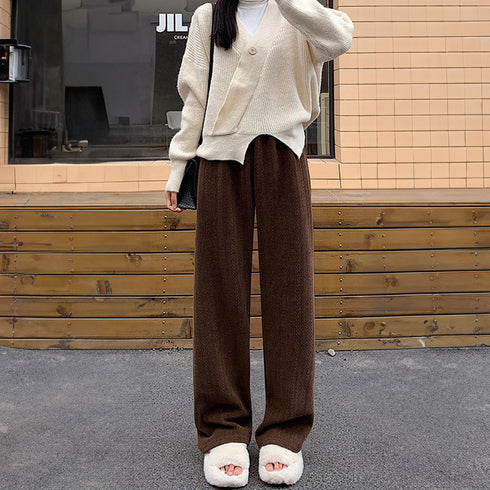 ワイドパンツ レディース韓国ニットパンツ コーデュロイ風パンツ ハイウエスト 脚長美脚パンツ ゆったりイージーパンツ カジュアル リラックスストレートパンツ 無地 80MANDI-001