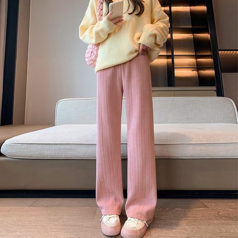 ワイドパンツ レディース韓国ニットパンツ コーデュロイ風パンツ ハイウエスト 脚長美脚パンツ ゆったりイージーパンツ カジュアル リラックスストレートパンツ 無地 80MANDI-001