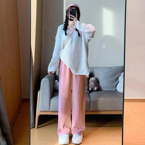 ワイドパンツ レディース韓国ニットパンツ コーデュロイ風パンツ ハイウエスト 脚長美脚パンツ ゆったりイージーパンツ カジュアル リラックスストレートパンツ 無地 80MANDI-001