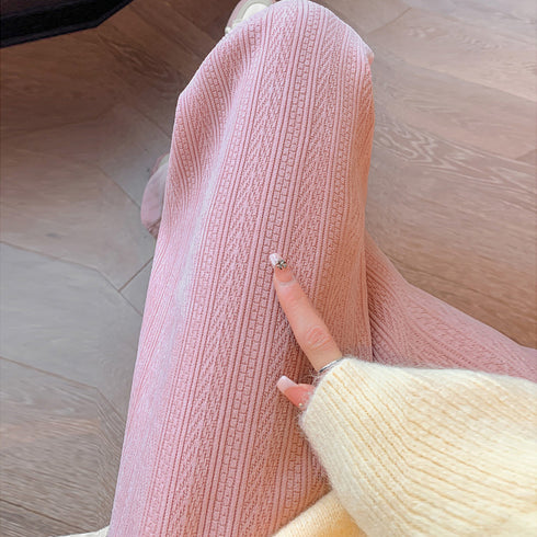 ワイドパンツ レディース韓国ニットパンツ コーデュロイ風パンツ ハイウエスト 脚長美脚パンツ ゆったりイージーパンツ カジュアル リラックスストレートパンツ 無地 80MANDI-001