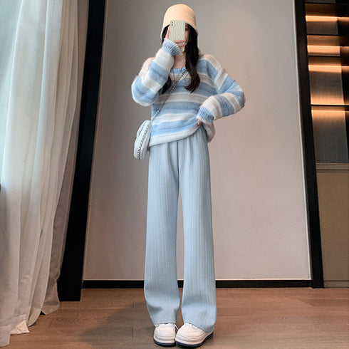 ワイドパンツ レディース韓国ニットパンツ コーデュロイ風パンツ ハイウエスト 脚長美脚パンツ ゆったりイージーパンツ カジュアル リラックスストレートパンツ 無地 80MANDI-001