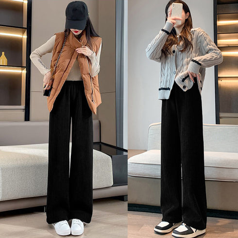 ワイドパンツ レディース韓国ニットパンツ コーデュロイ風パンツ ハイウエスト 脚長美脚パンツ ゆったりイージーパンツ カジュアル リラックスストレートパンツ 無地 80MANDI-001