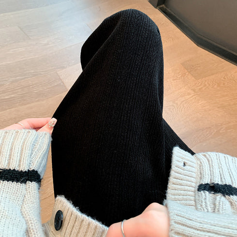 ワイドパンツ レディース韓国ニットパンツ コーデュロイ風パンツ ハイウエスト 脚長美脚パンツ ゆったりイージーパンツ カジュアル リラックスストレートパンツ 無地 80MANDI-001