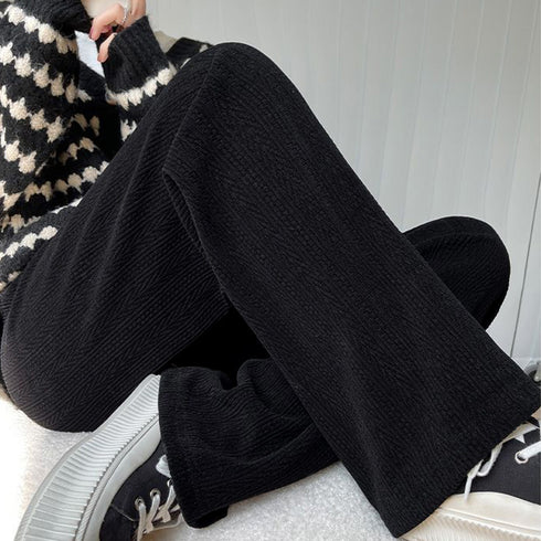 ワイドパンツ レディース韓国ニットパンツ コーデュロイ風パンツ ハイウエスト 脚長美脚パンツ ゆったりイージーパンツ カジュアル リラックスストレートパンツ 無地 80MANDI-001