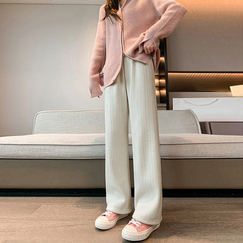 ワイドパンツ レディース韓国ニットパンツ コーデュロイ風パンツ ハイウエスト 脚長美脚パンツ ゆったりイージーパンツ カジュアル リラックスストレートパンツ 無地 80MANDI-001
