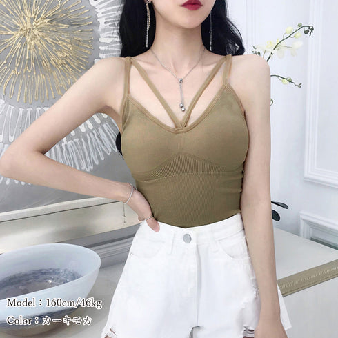 キャミソール カップ付きブラキャミ 韓国 インナートップス レディース ベアトップブラ クロスストラップ チラ見え 美胸ブラトップ セクシー胸元 下着 大人コーデ 80MEILING-001
