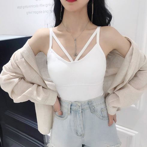 キャミソール カップ付きブラキャミ 韓国 インナートップス レディース ベアトップブラ クロスストラップ チラ見え 美胸ブラトップ セクシー胸元 下着 大人コーデ 80MEILING-001