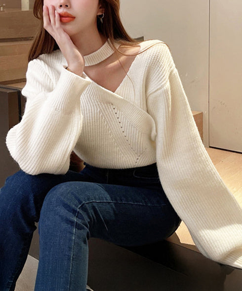 ショート丈 ニットトップスレディース秋冬 大人可愛い ニットソー長袖 セクシー リブニット オフショルダー 韓国ファッション 肩開きトップス ホルターネックニット 80MEIREN-010