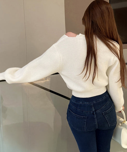 ショート丈 ニットトップスレディース秋冬 大人可愛い ニットソー長袖 セクシー リブニット オフショルダー 韓国ファッション 肩開きトップス ホルターネックニット 80MEIREN-010
