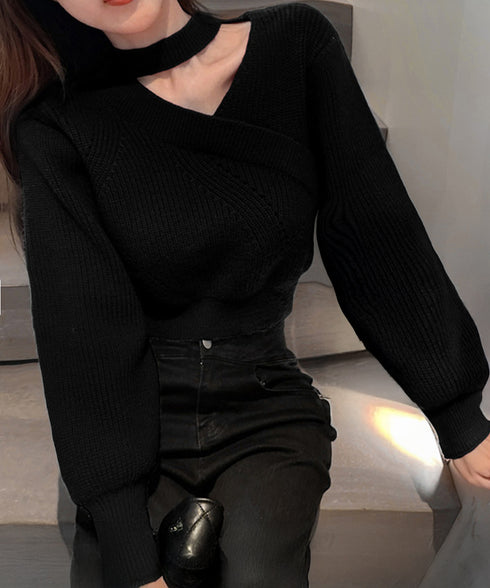 ショート丈 ニットトップスレディース秋冬 大人可愛い ニットソー長袖 セクシー リブニット オフショルダー 韓国ファッション 肩開きトップス ホルターネックニット 80MEIREN-010