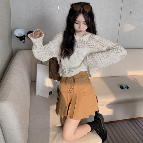 透かし編みニットトップス レディース長袖 韓国ファッション 可愛い メッシュ編みニット プルオーバー セクシーサマーニット ショート丈トップスおしゃれ 薄手透け感 80MEIREN-016
