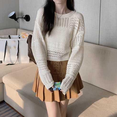 透かし編みニットトップス レディース長袖 韓国ファッション 可愛い メッシュ編みニット プルオーバー セクシーサマーニット ショート丈トップスおしゃれ 薄手透け感 80MEIREN-016