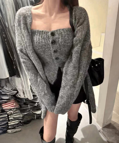 ニットアンサンブルベアトップニットカーデ ニットビスチェ&ロングカーディガン2点セット 大人可愛い 体型カバーニットアウター 着やせ 韓国風レイヤードニットセット 80MEIREN-024