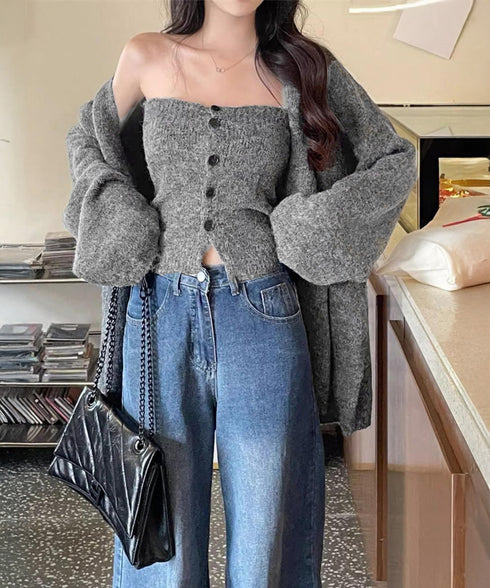 ニットアンサンブルベアトップニットカーデ ニットビスチェ&ロングカーディガン2点セット 大人可愛い 体型カバーニットアウター 着やせ 韓国風レイヤードニットセット 80MEIREN-024