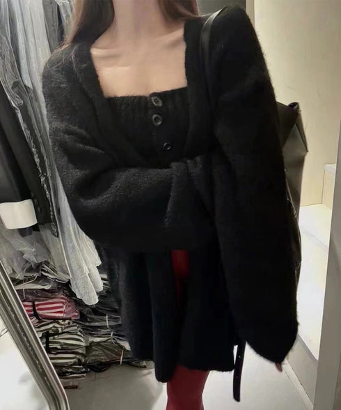 ニットアンサンブルベアトップニットカーデ ニットビスチェ&ロングカーディガン2点セット 大人可愛い 体型カバーニットアウター 着やせ 韓国風レイヤードニットセット 80MEIREN-024