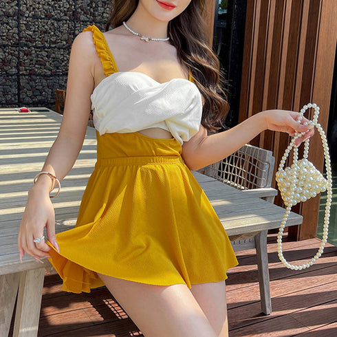 水着体型カバー モノキニ水着大きいサイズ スカート付き ワンピース水着 2点セット バックシャン リボン レオタード水着 ハイウエストビーチウェア ぽっちゃり水着 80MIAOMIAO-001