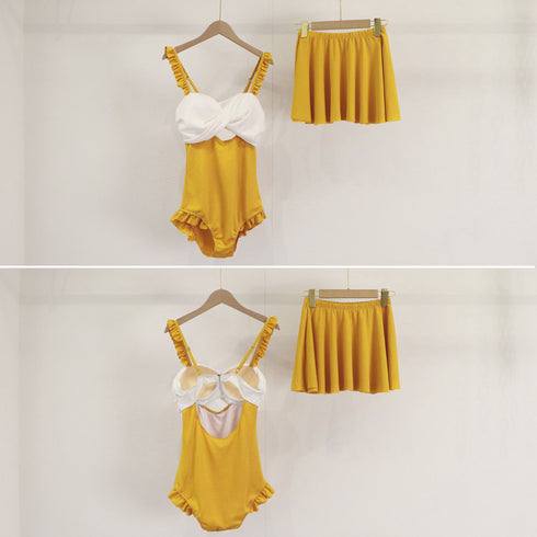 水着体型カバー モノキニ水着大きいサイズ スカート付き ワンピース水着 2点セット バックシャン リボン レオタード水着 ハイウエストビーチウェア ぽっちゃり水着 80MIAOMIAO-001