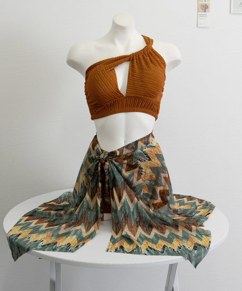 レディース 水着3点セット 盛れるみずぎ ワンショルダー水着 ビキニ 総柄パレオ ショートパンツ セクシー セパレート水着 巻きスカート スイムウェアビスチェ水着 80MIAOMIAO-006